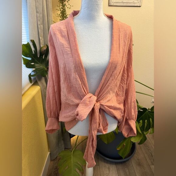 Salmon Front Tie Semi Sheer Jupee Shirt Size L - Picture 1 of 9